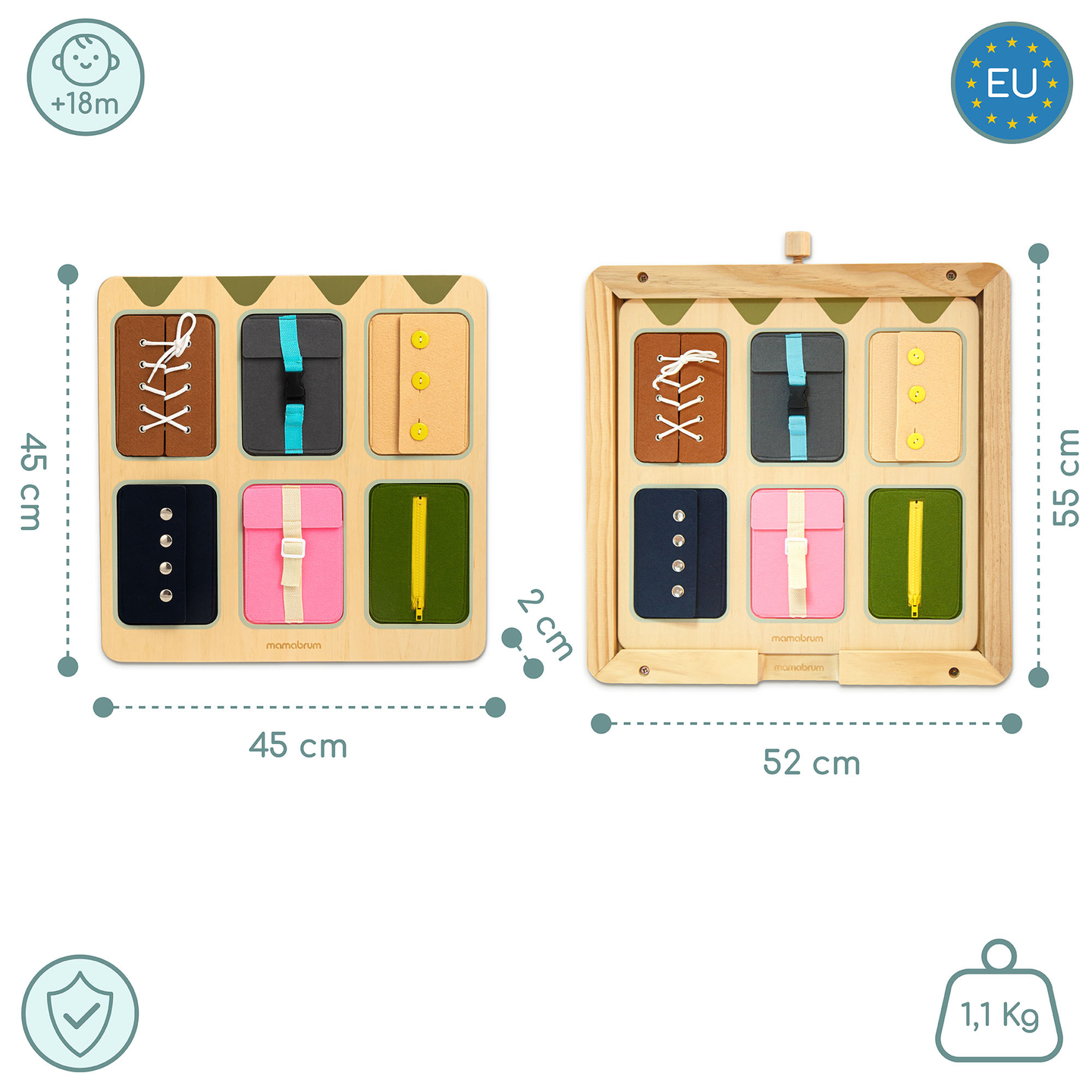 Tableau de manipulation Montessori en bois – Apprentissage sensoriel de l'autonomie – lacets, boucles, boutons, pressions, fermeture éclair