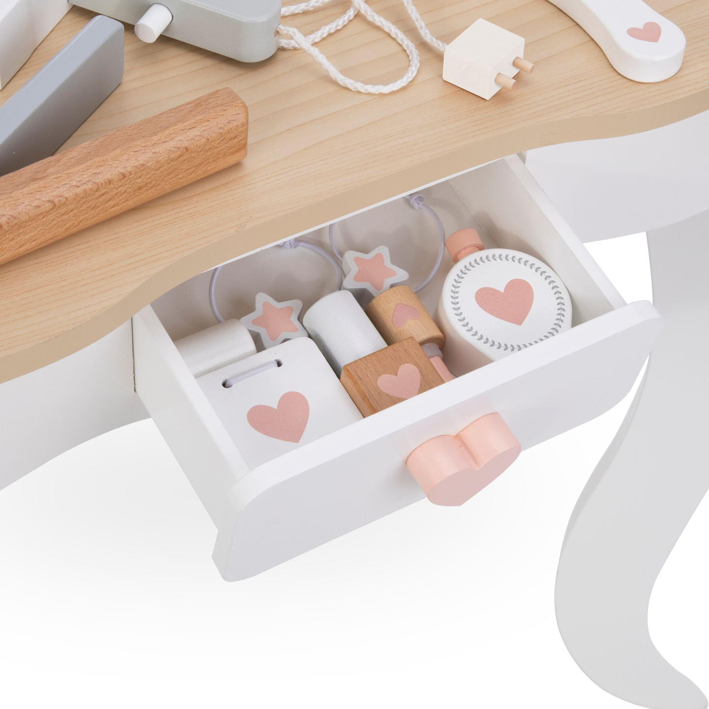 Coiffeuse en bois avec tabouret et accessoires