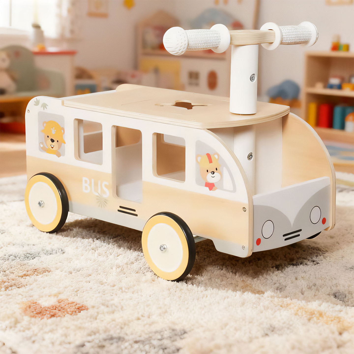Bus en bois à pédales pour enfants - Bus avec compartiments de rangement et espace pour les peluches