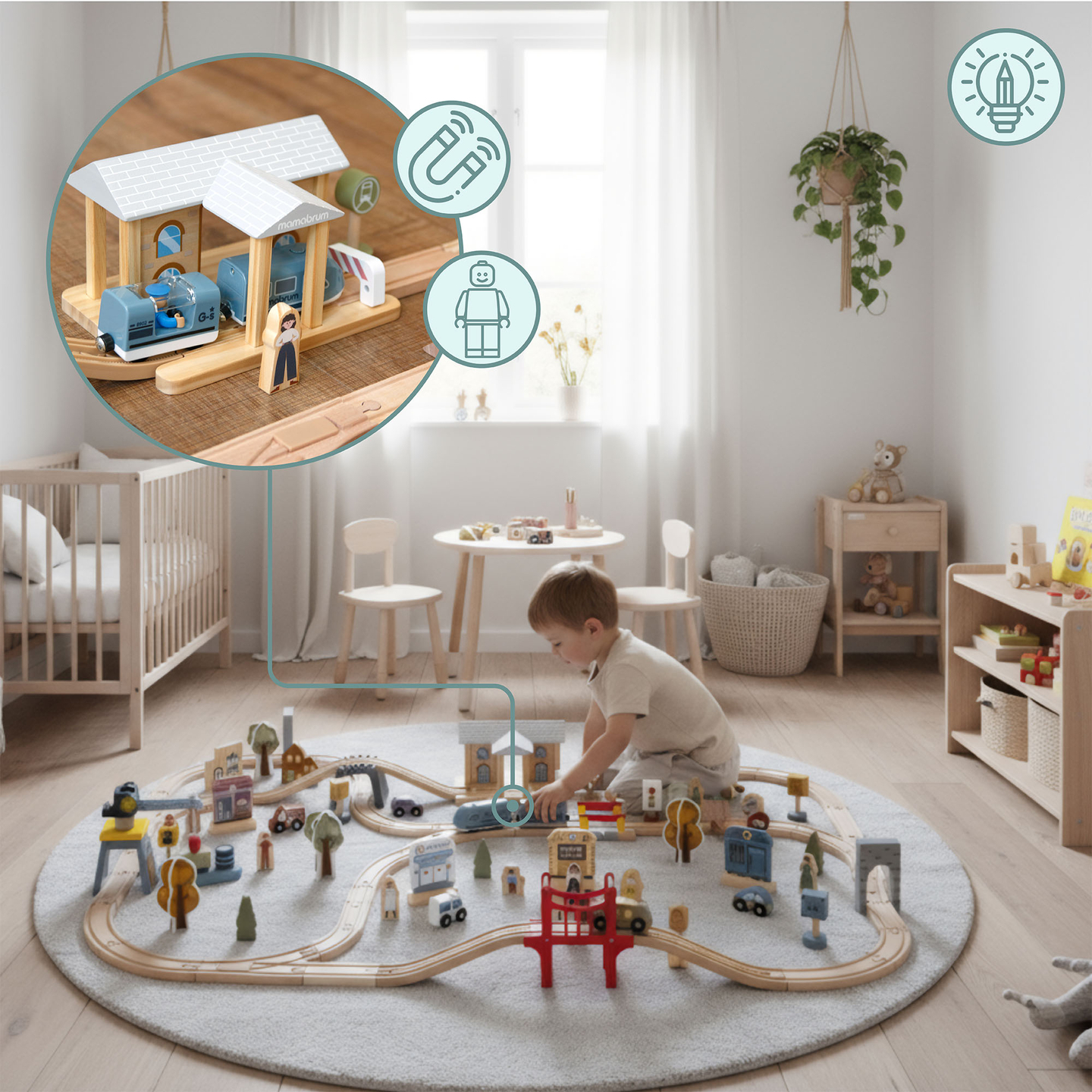 Chemin de fer urbain en bois avec train électrique - grue mobile, bateau, ponts