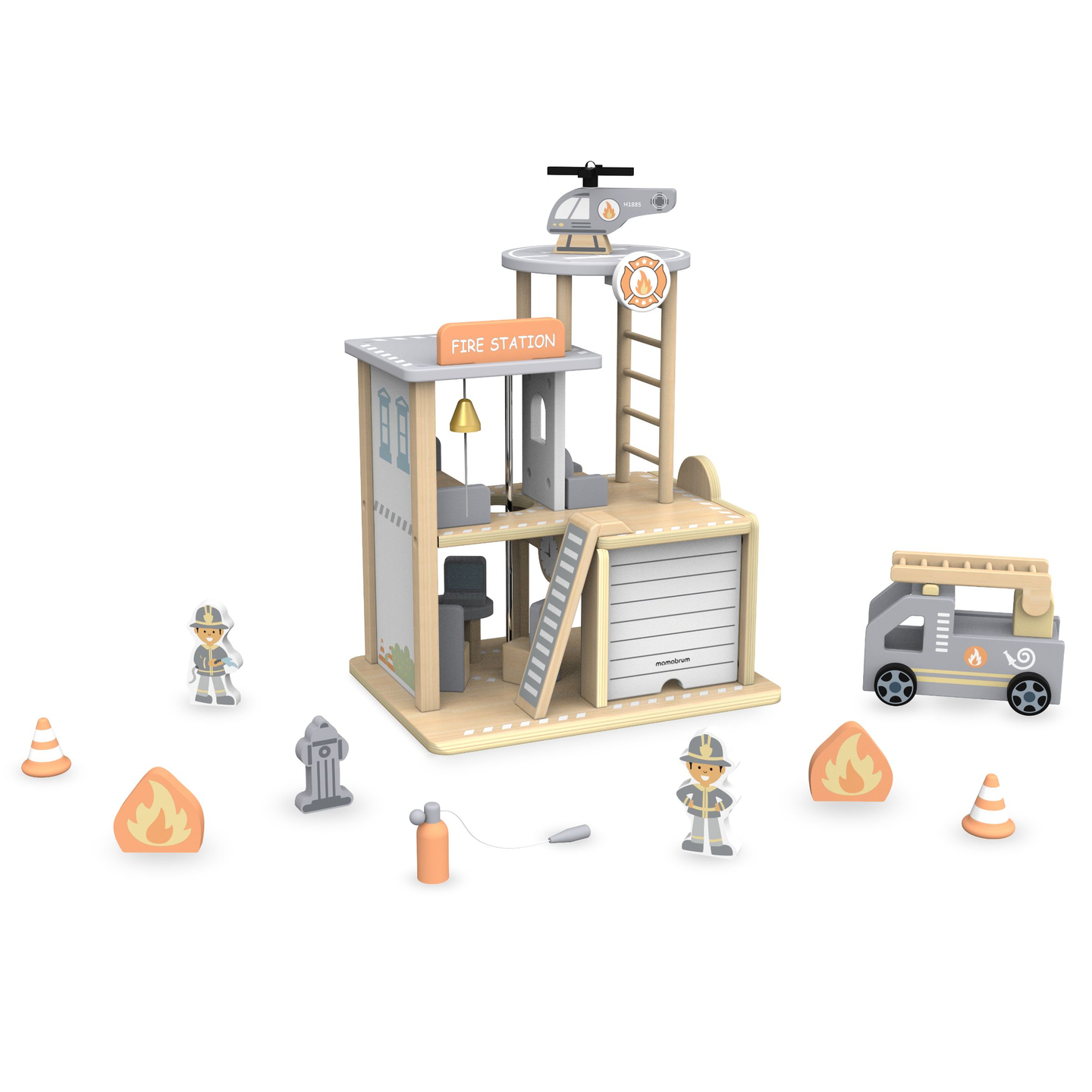 Caserne de pompiers en bois avec accessoires, pompiers