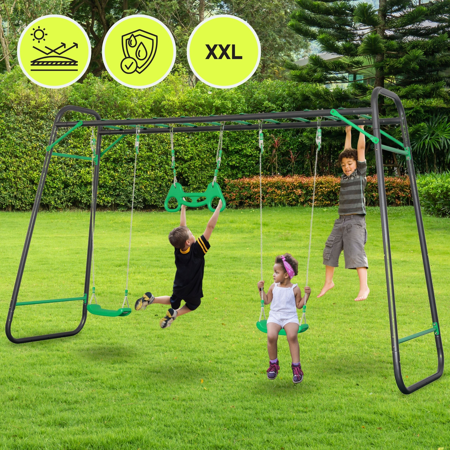 Balançoire de jardin XXL en acier - 2 sièges, échelle, trapèze de gymnastique