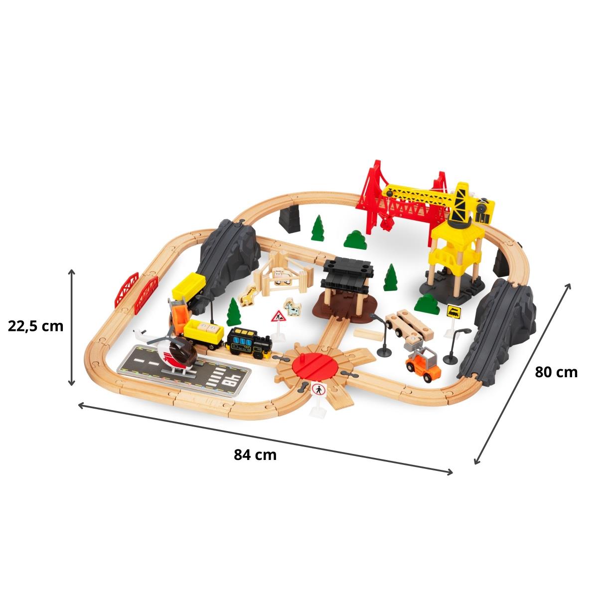 Chemin de fer en bois, train à batterie - Ville : voies, voitures, pont, aéroport