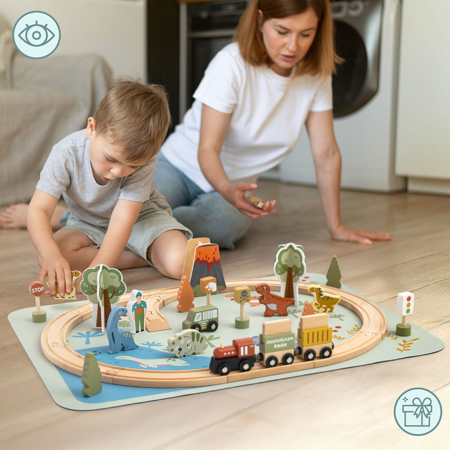 Train en bois Dino Park avec tapis antidérapant - dinosaures, train, rails, volcan, cloche