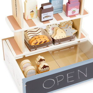 Boutique pliante en bois - café, pâtisserie avec accessoires