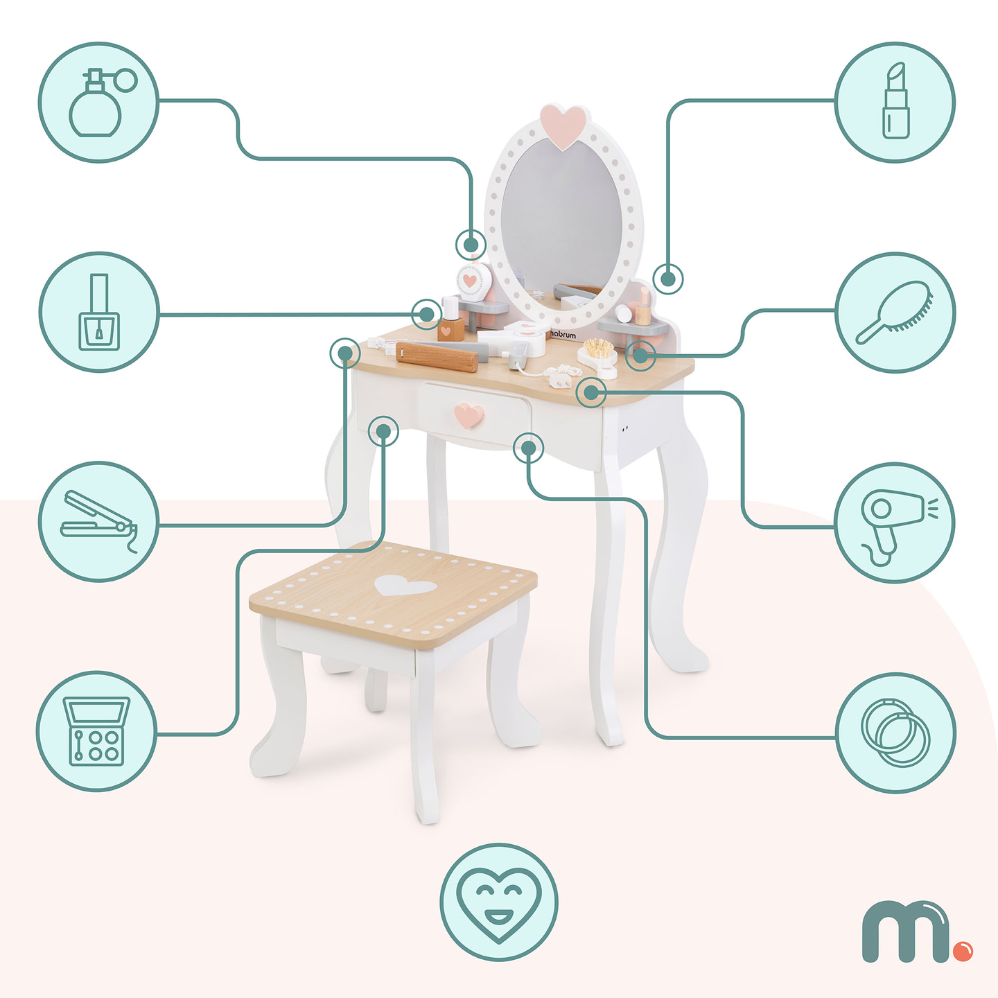 Coiffeuse en bois avec tabouret et accessoires