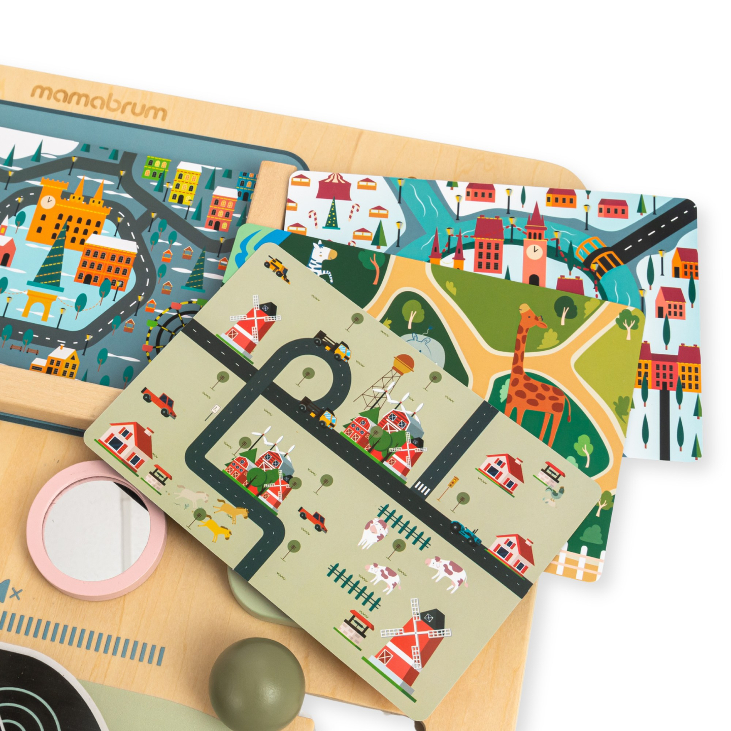 Planche Montessori en bois 2 en 1 Cockpit pour le petit conducteur et pilote – volant, levier de vitesse, cartes de voyage, radar