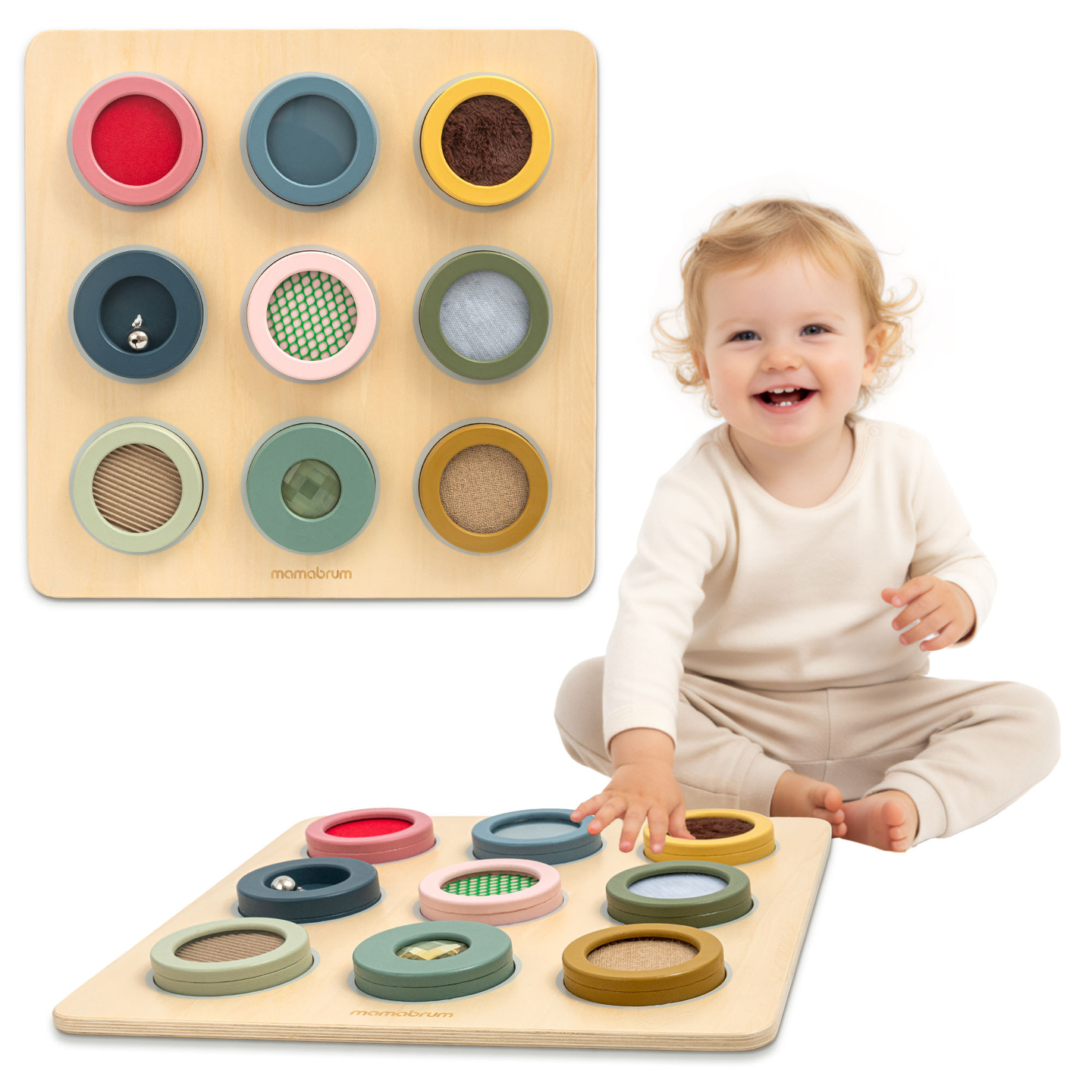 Tableau sensoriel Montessori en bois – 9 textures à découvrir et à développer le sens du toucher