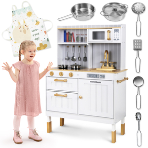Cuisine blanche en bois avec accessoires et tablier
