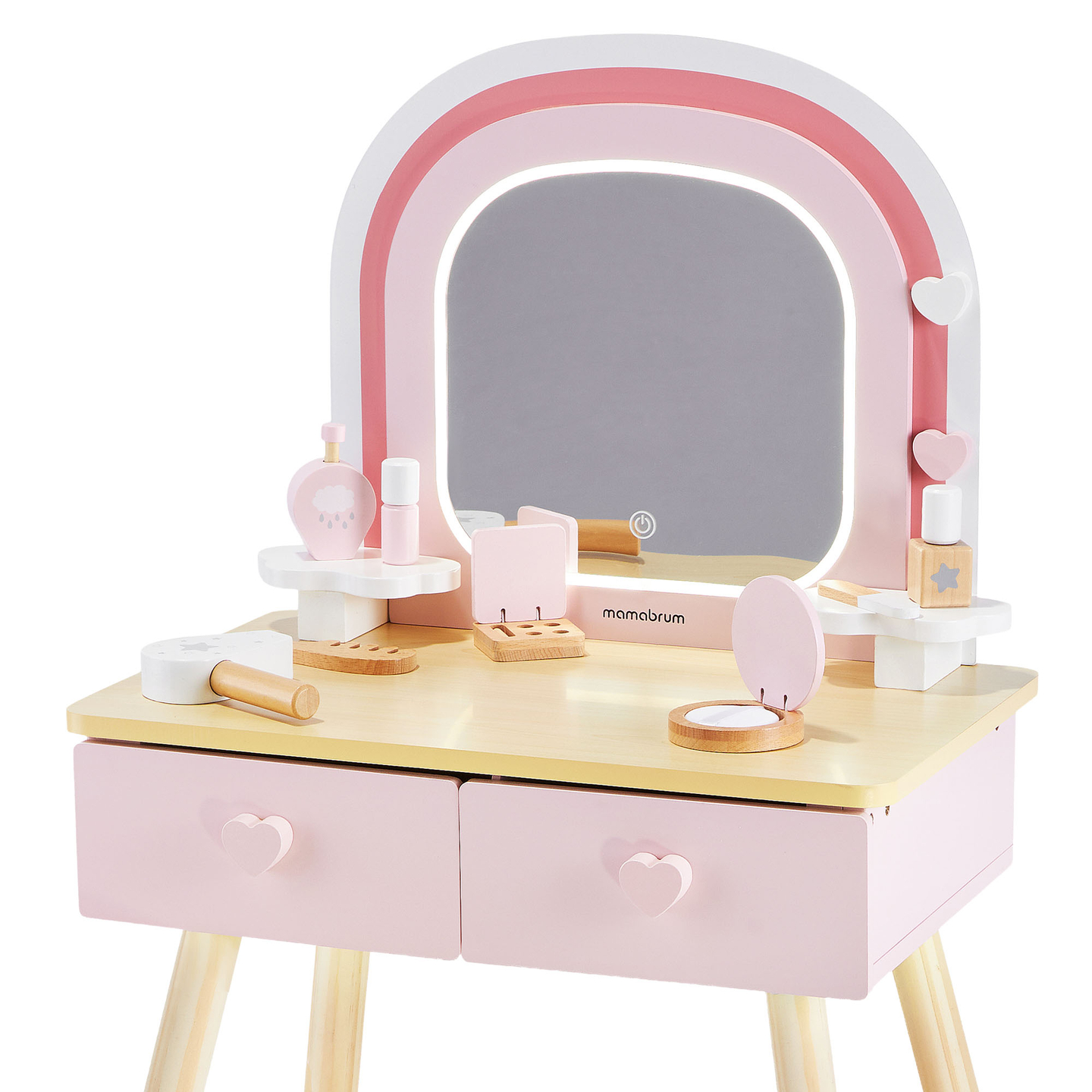 Coiffeuse en bois pour enfants avec éclairage LED à luminosité réglable, chaise et accessoires inclus.