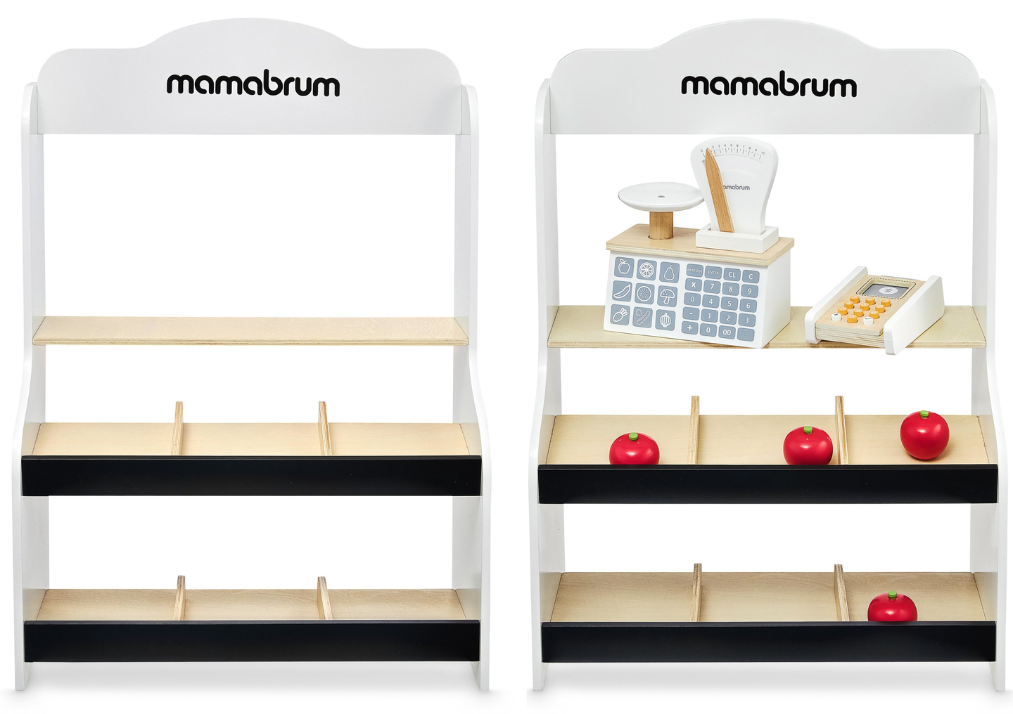 Mini market - magasin avec balances, terminal, carte de paiement et fruits