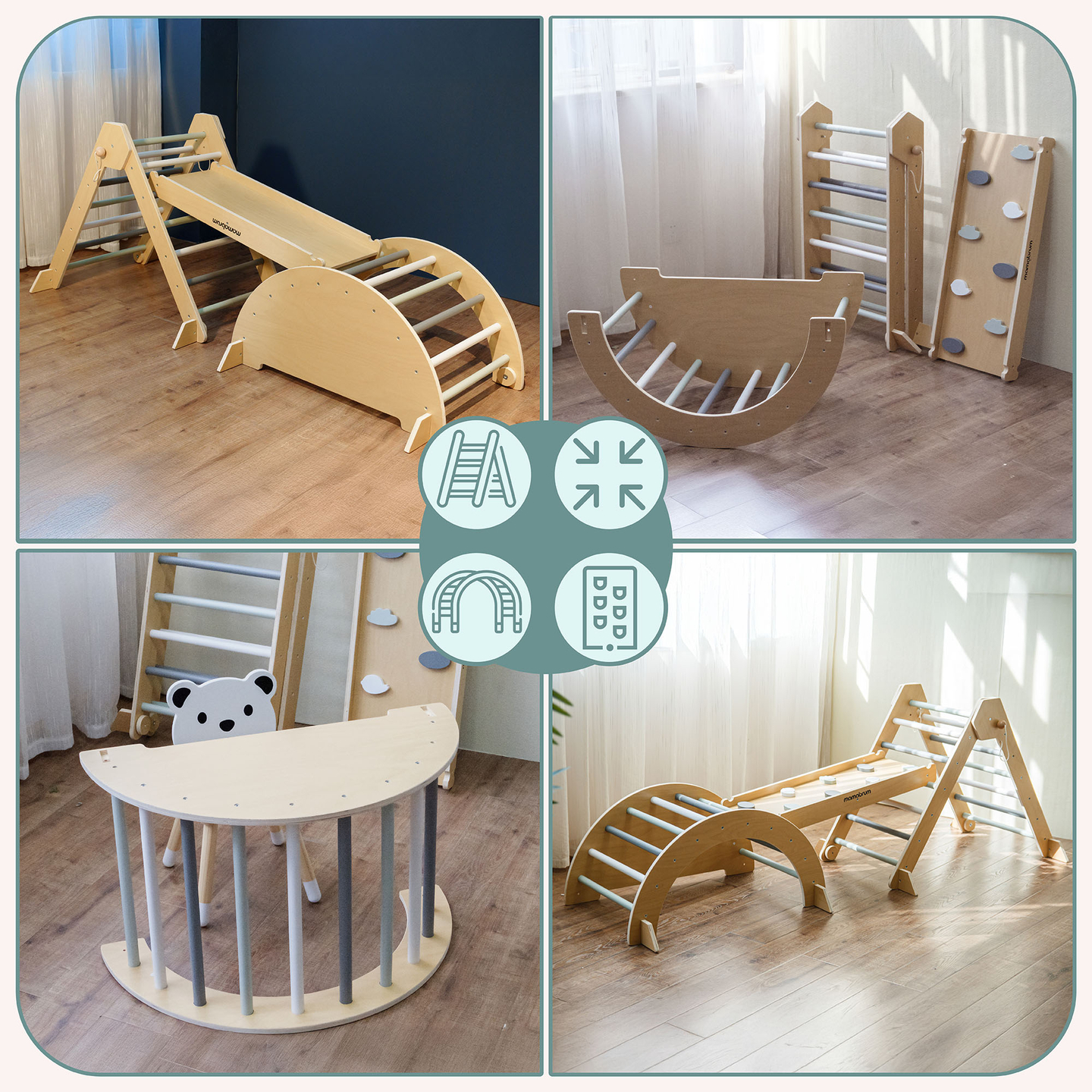 Aire de jeux intérieure en bois pour enfants - mur d'escalade, toboggan, arche d'escalade/bascule et triangle de Pikler