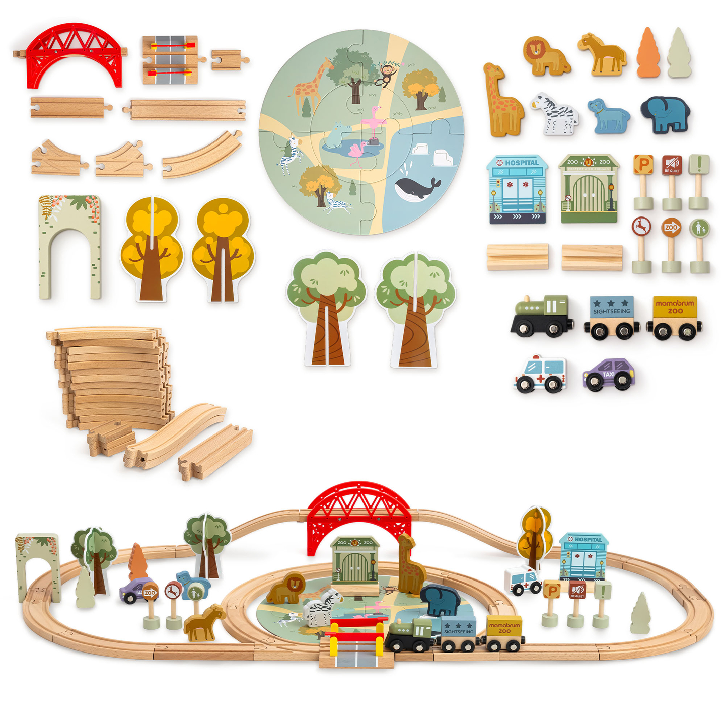 Train ZOO en bois – puzzle, train, rails, animaux, pont, barrière