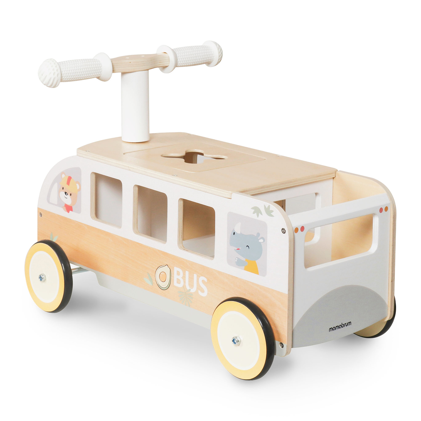 Bus en bois à pédales pour enfants - Bus avec compartiments de rangement et espace pour les peluches