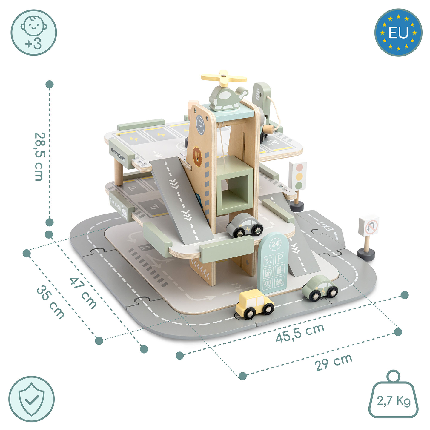 Garage en bois à trois étages pour enfants avec accessoires – parking, station-service, lave-auto, hélicoptère
