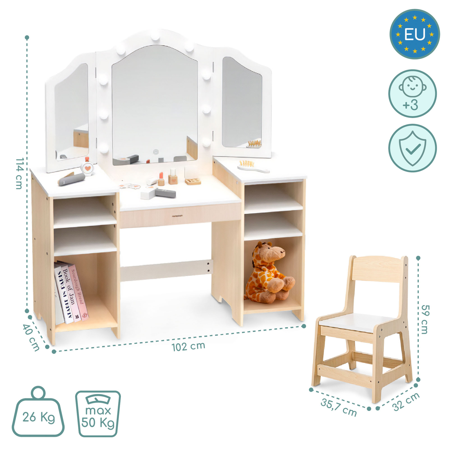 Table à langer en bois pour enfants avec chaise, accessoires et éclairage LED