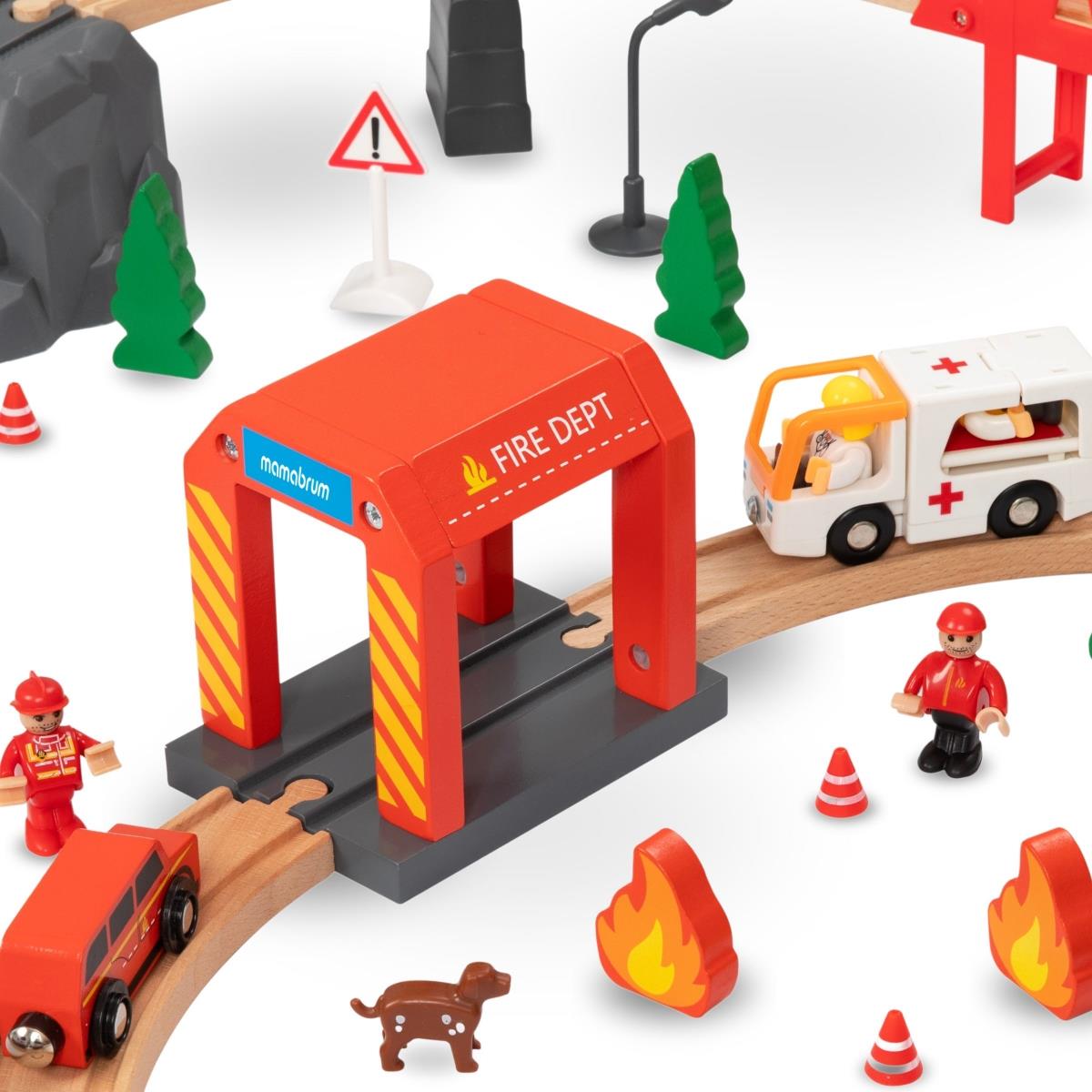 Chemin de fer en bois, train à batterie - Pompiers, voies, voitures, ponts, barrière