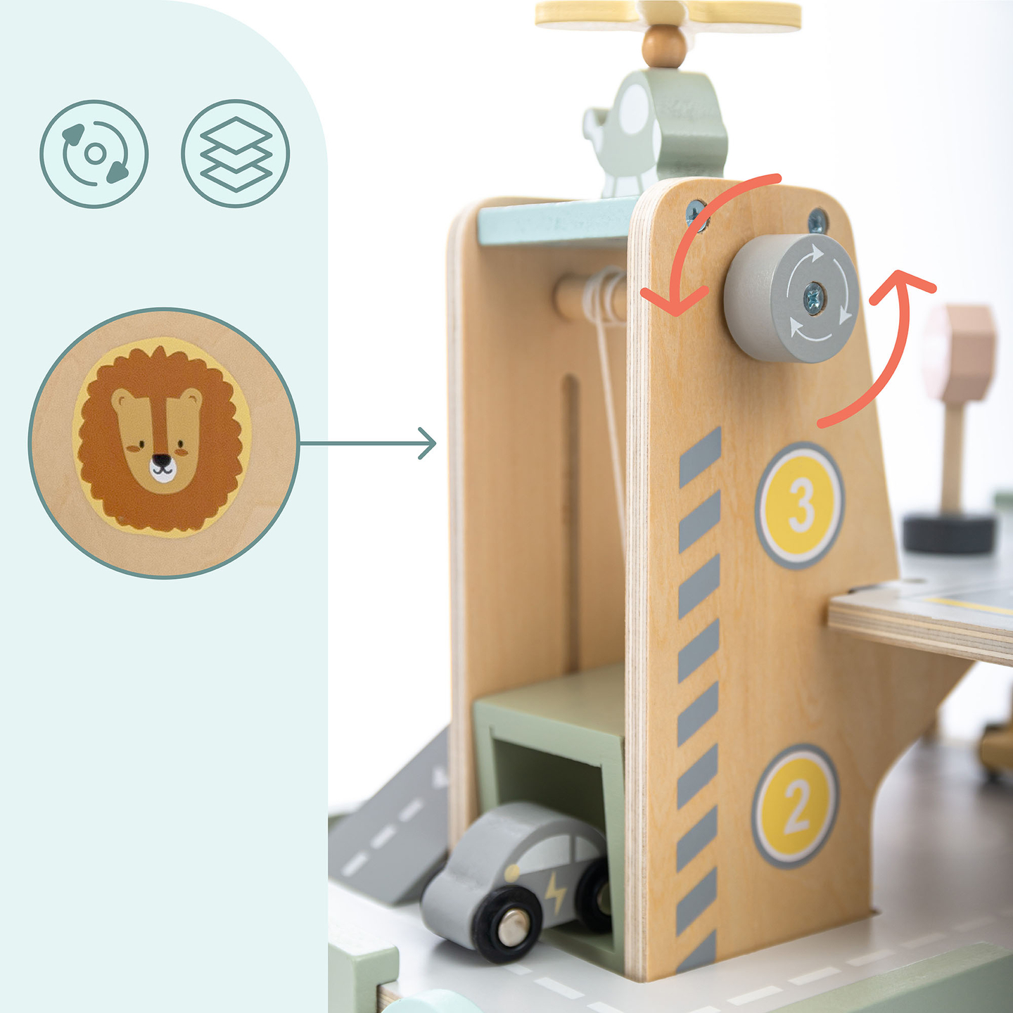 Garage en bois à trois étages pour enfants avec accessoires – parking, station-service, lave-auto, hélicoptère