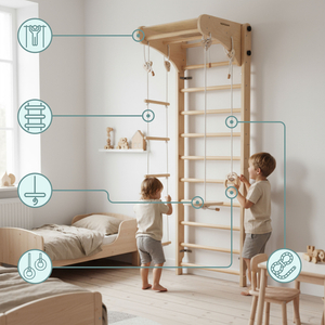 Échelle de gymnastique en bois pour enfants avec accessoires - une balançoire à assiettes, des anneaux de gymnastique et une échelle de corde