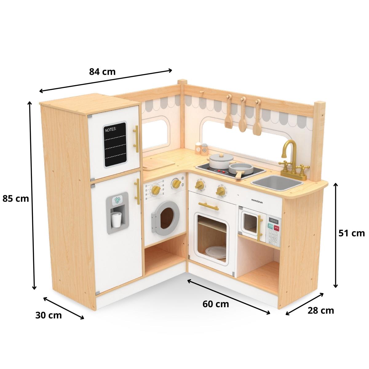 Cuisine d'angle interactive en bois XXXL avec réfrigérateur, micro-ondes, four, lave-linge et accessoires - naturel