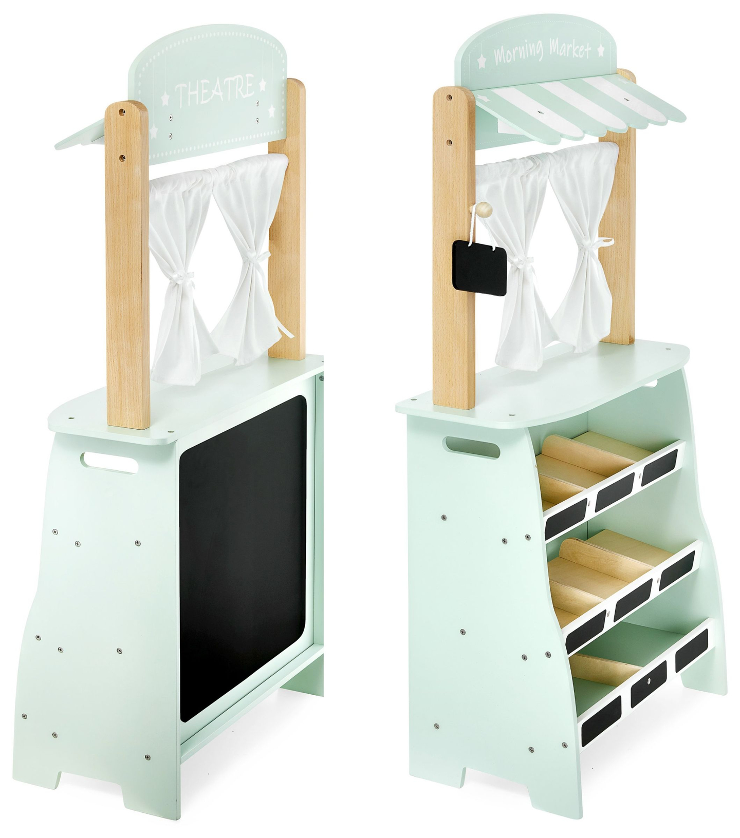 Grande boutique en bois - étalage et théâtre 2 en 1 avec balance, terminal de paiement, fruits et légumes