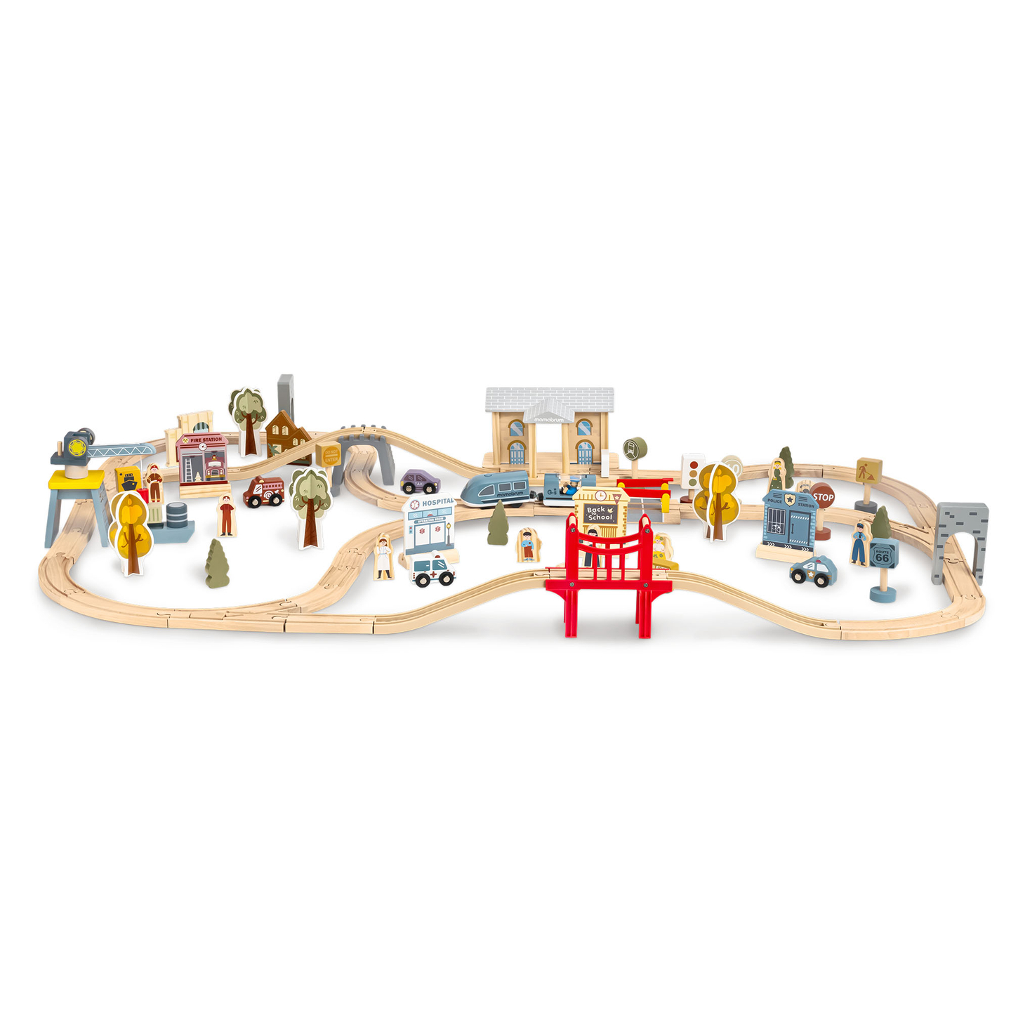 Chemin de fer urbain en bois avec train électrique - grue mobile, bateau, ponts