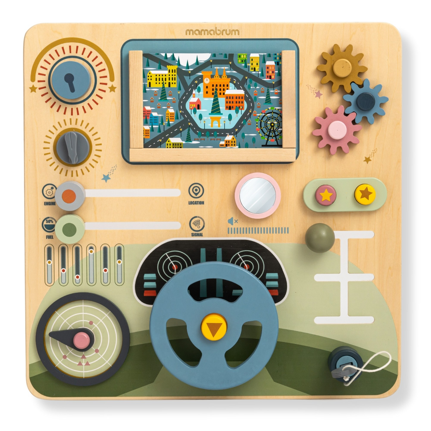 Planche Montessori en bois 2 en 1 Cockpit pour le petit conducteur et pilote – volant, levier de vitesse, cartes de voyage, radar