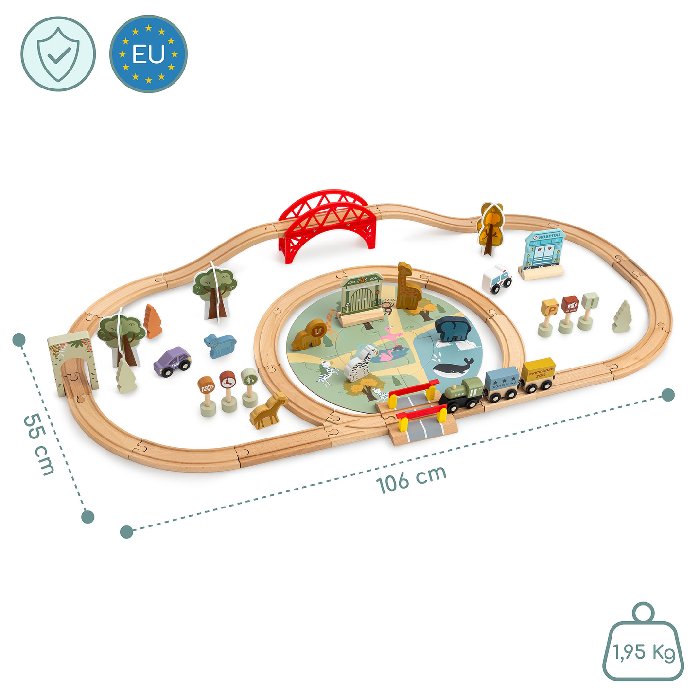 Train ZOO en bois – puzzle, train, rails, animaux, pont, barrière
