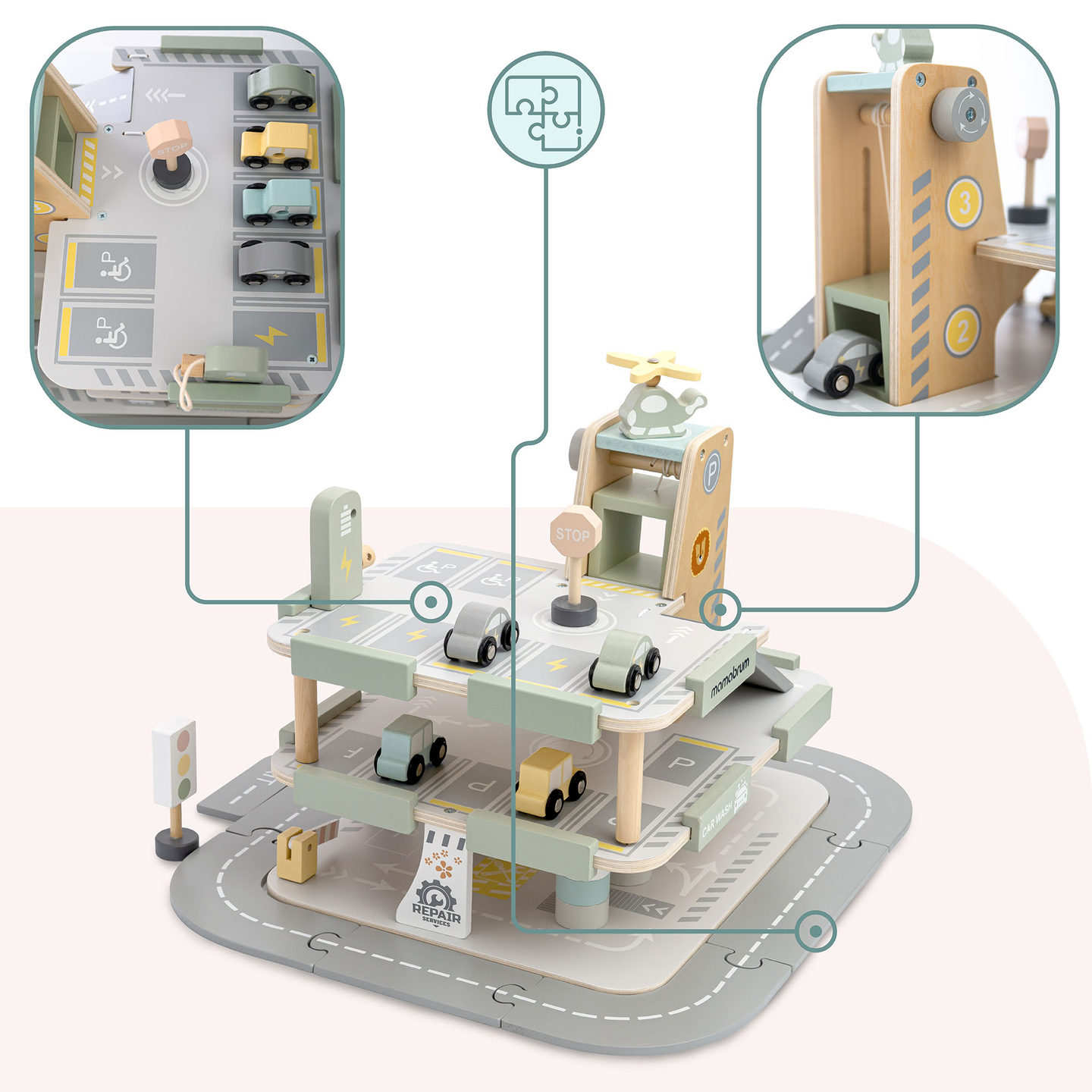 Garage en bois à trois étages pour enfants avec accessoires – parking, station-service, lave-auto, hélicoptère