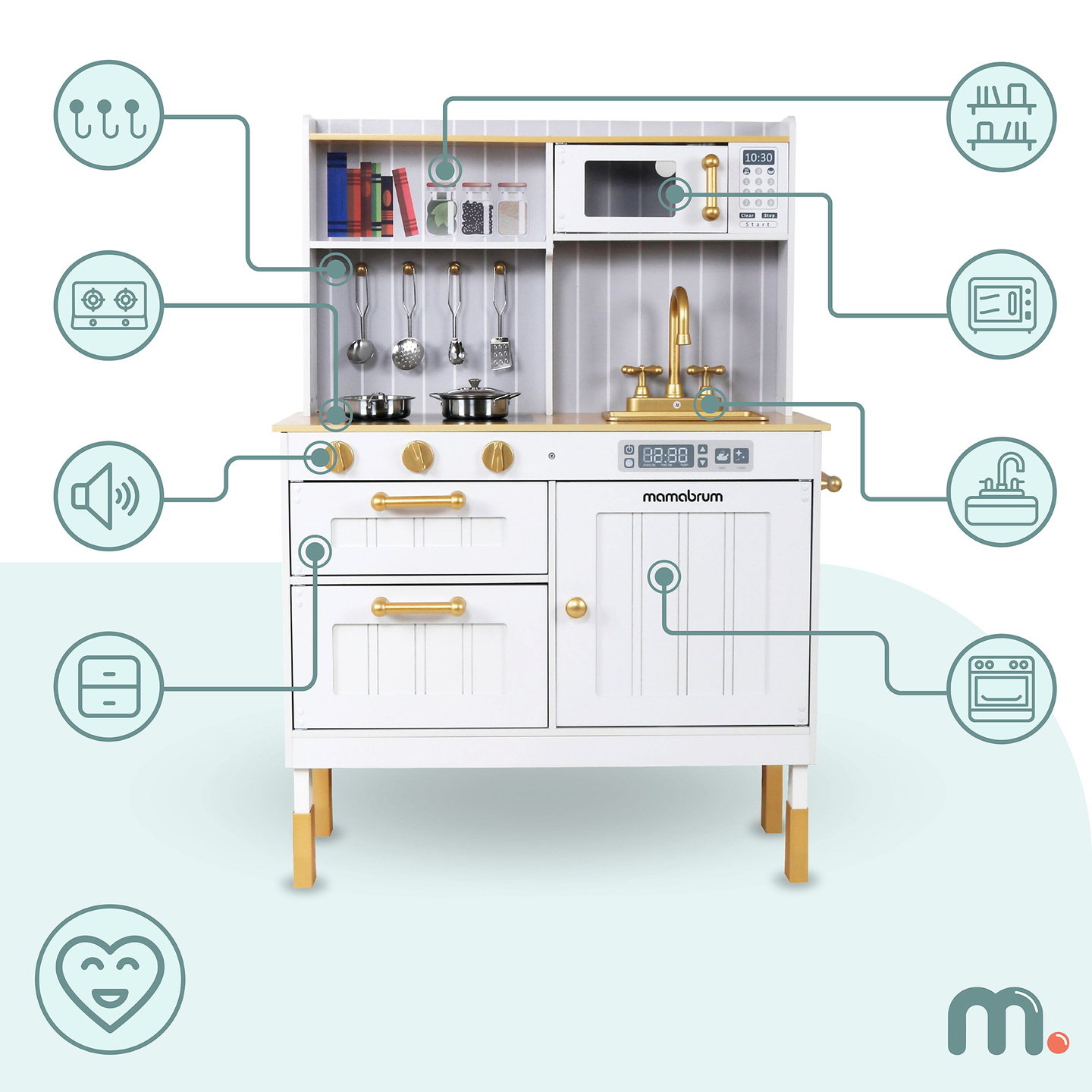 Cuisine blanche en bois avec accessoires et tablier