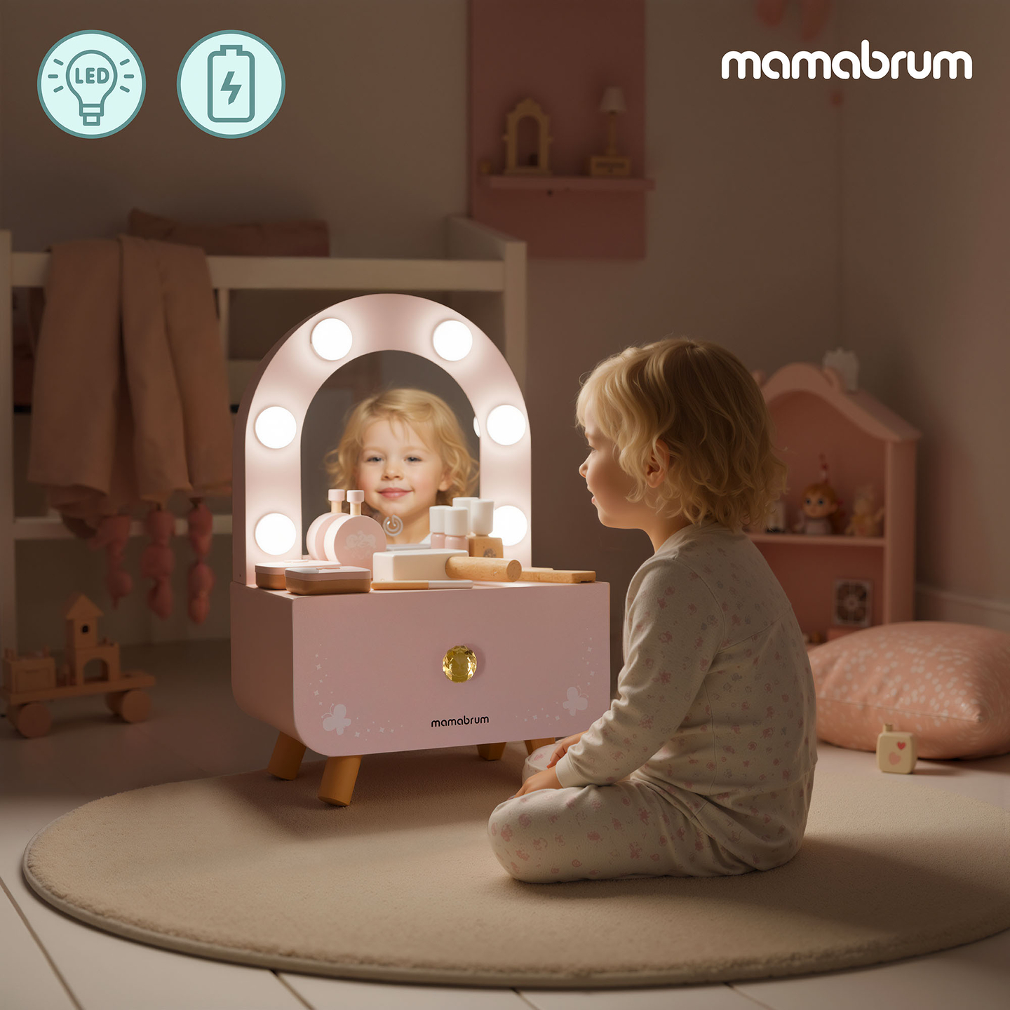 Mini coiffeuse en bois pour enfants avec accessoires et éclairage LED à luminosité réglable.