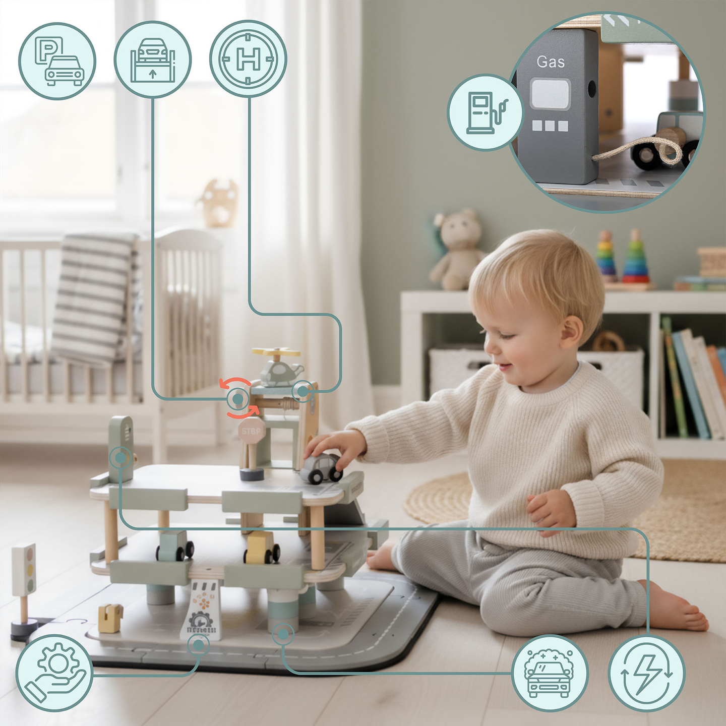 Garage en bois à trois étages pour enfants avec accessoires – parking, station-service, lave-auto, hélicoptère