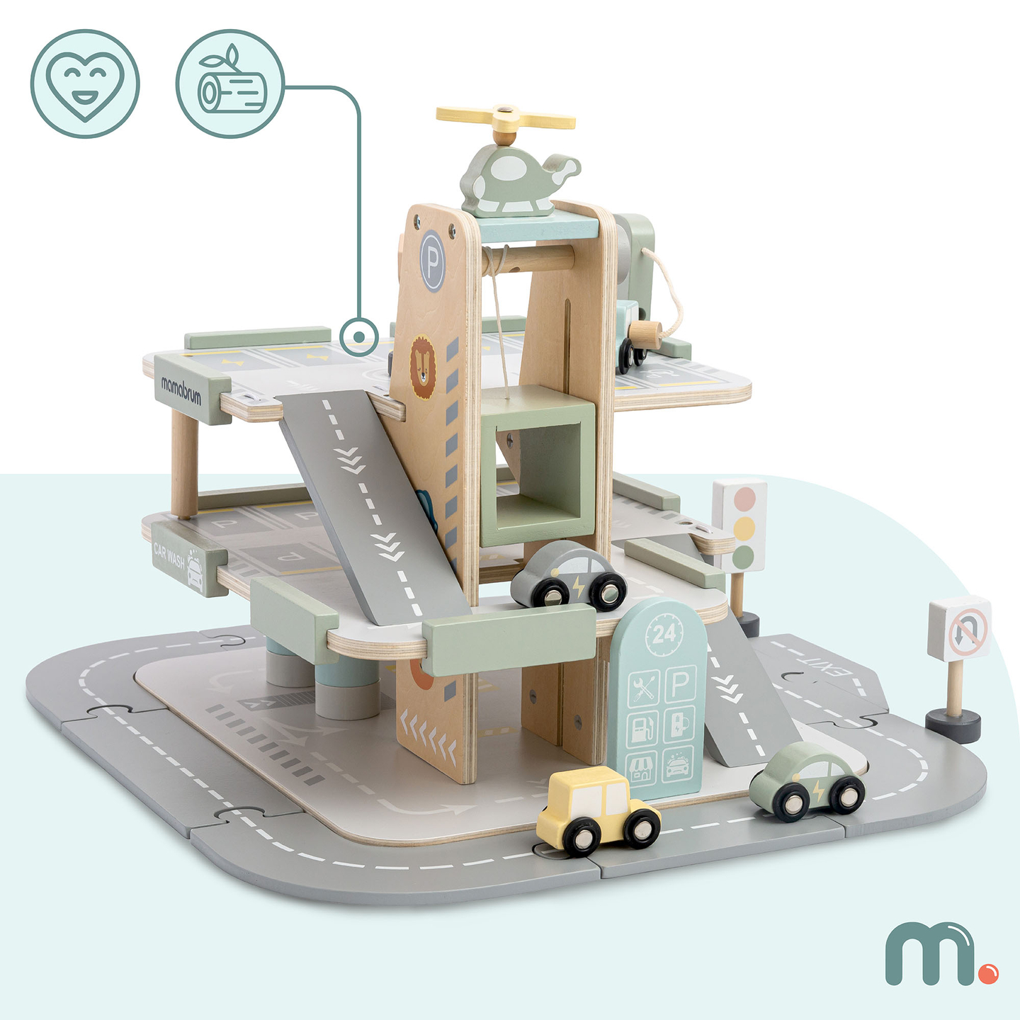 Garage en bois à trois étages pour enfants avec accessoires – parking, station-service, lave-auto, hélicoptère