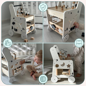 Poussette en bois 6in1, déambulateur avec fonction de table d'apprentissage