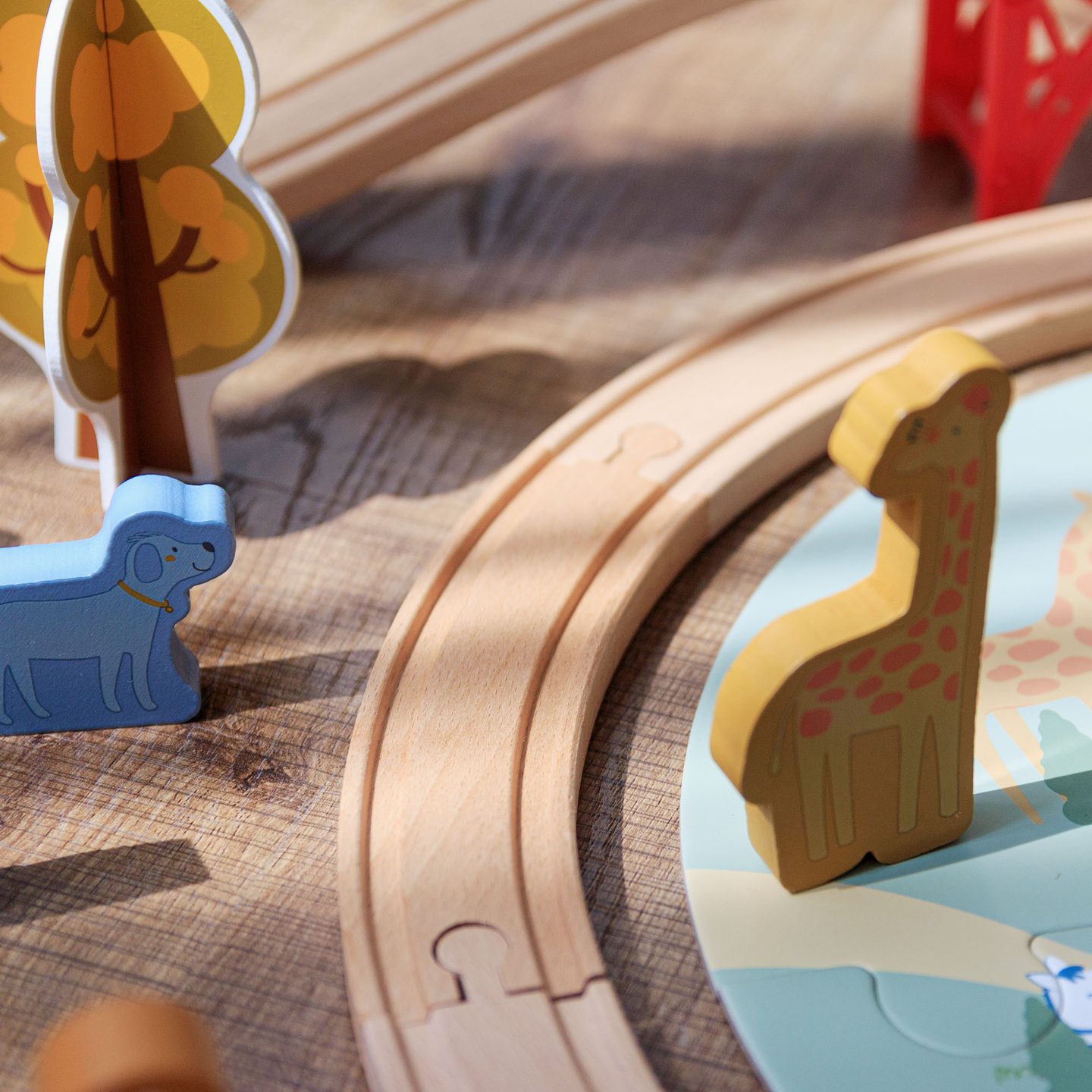 Train ZOO en bois – puzzle, train, rails, animaux, pont, barrière