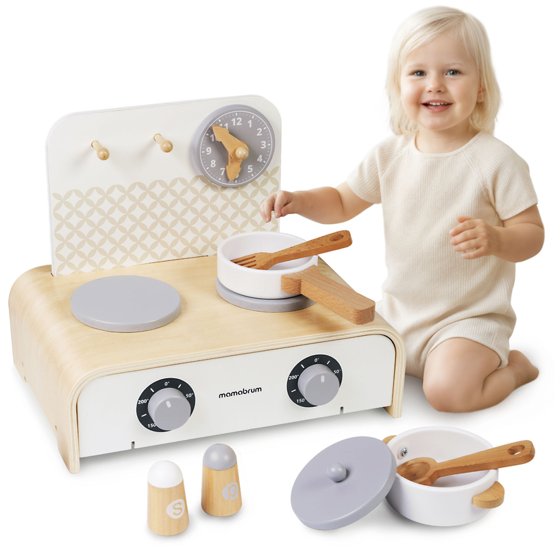 Cuisine pliante en bois Mamabrum pour enfants - Ensemble avec casseroles, accessoires de cuisine et rangement