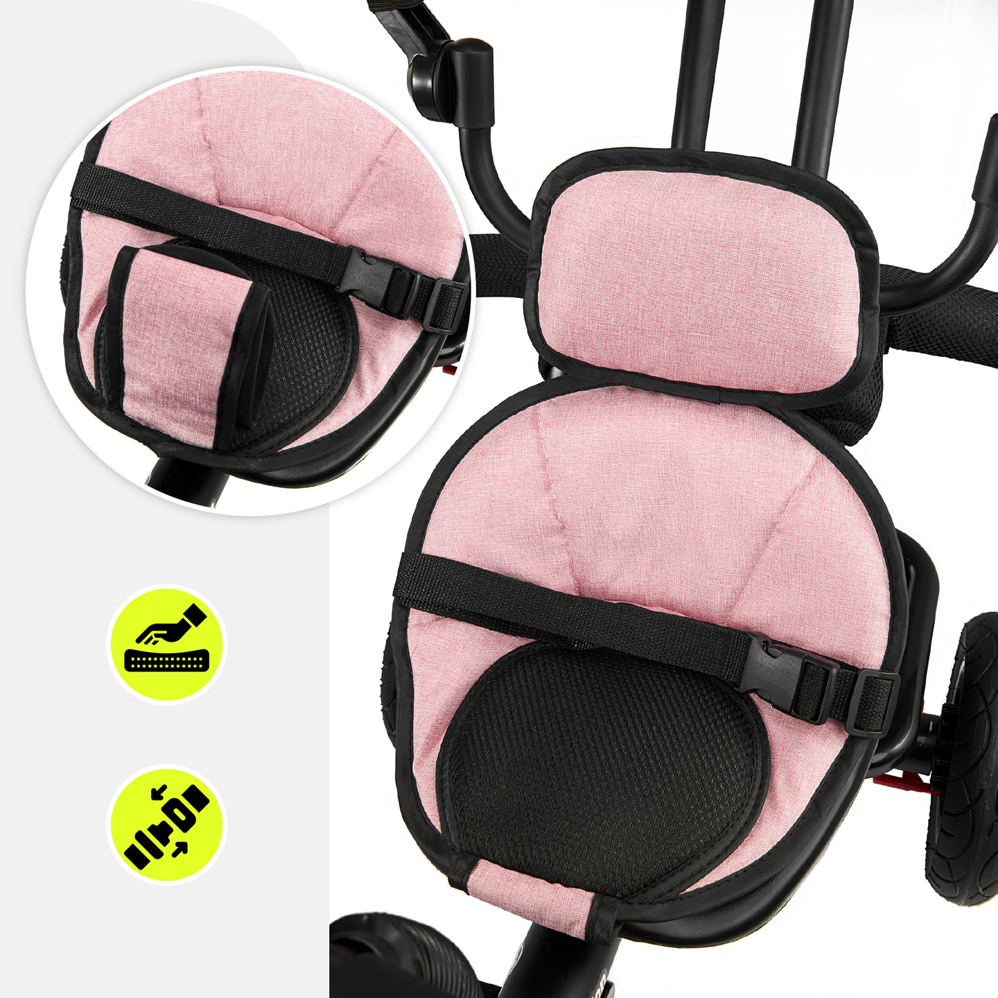 Tricycle pour enfants 1-4 ans - TOBI FREY - couleur rose - pivotant - roues pompées + pousseur