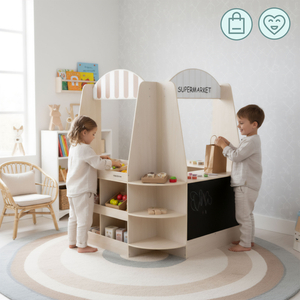 Grande boutique en bois pour enfants avec tableau noir - 91 pièces pour faire du shopping en toute simplicité !