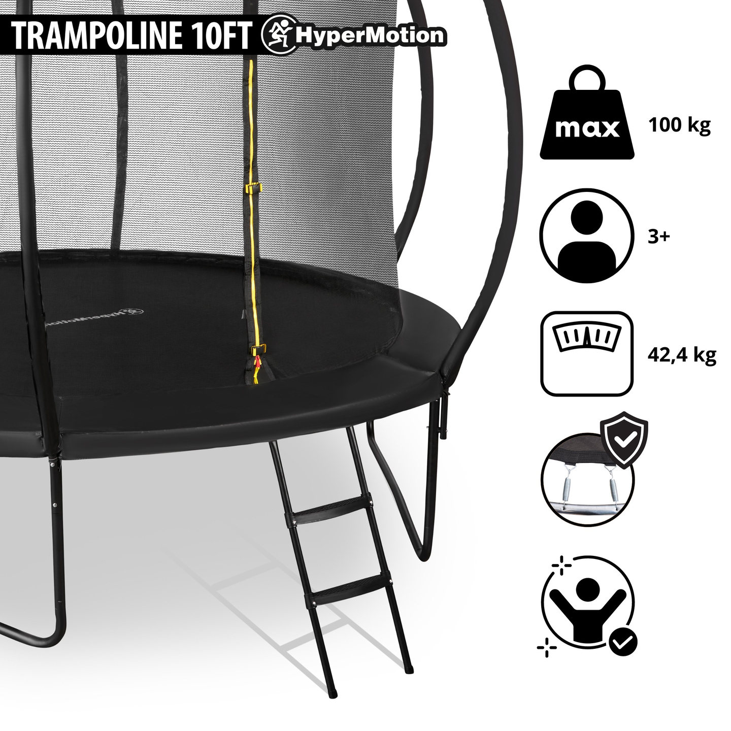 Trampoline de jardin XL pour enfants HyperMotion - 305 cm 10FT - avec échelle et filet intérieur - pour la maison et le jardin