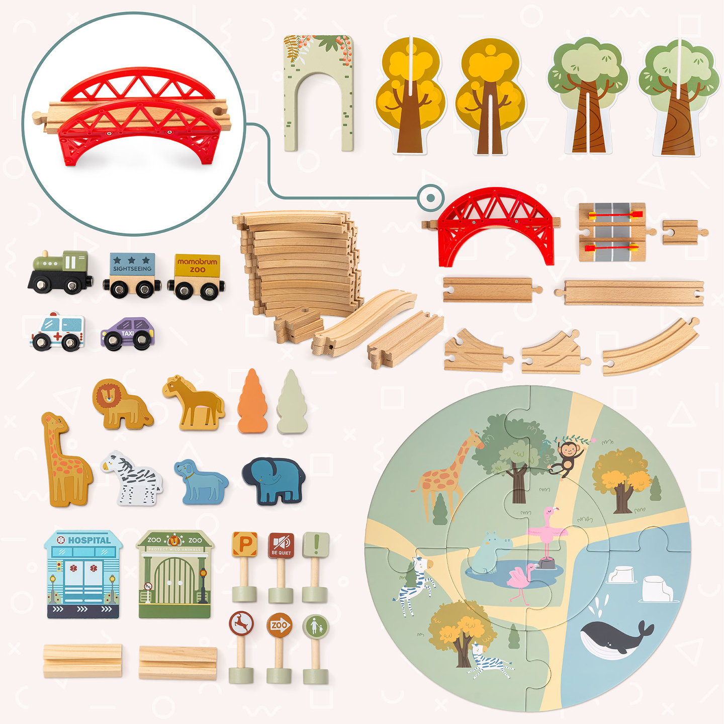 Train ZOO en bois – puzzle, train, rails, animaux, pont, barrière