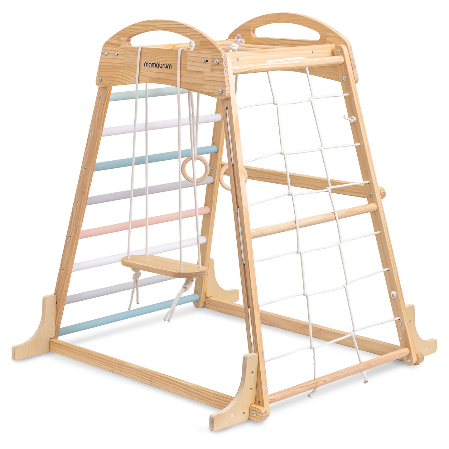 Aire de jeux intérieure en bois avec balançoire, anneaux de gymnastique et filet d'escalade