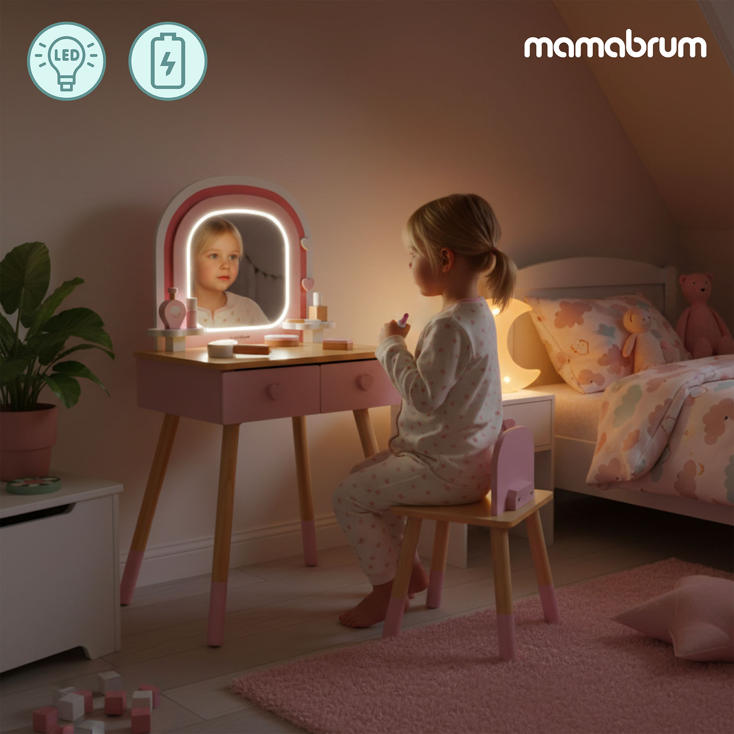Coiffeuse en bois pour enfants avec éclairage LED à luminosité réglable, chaise et accessoires inclus.