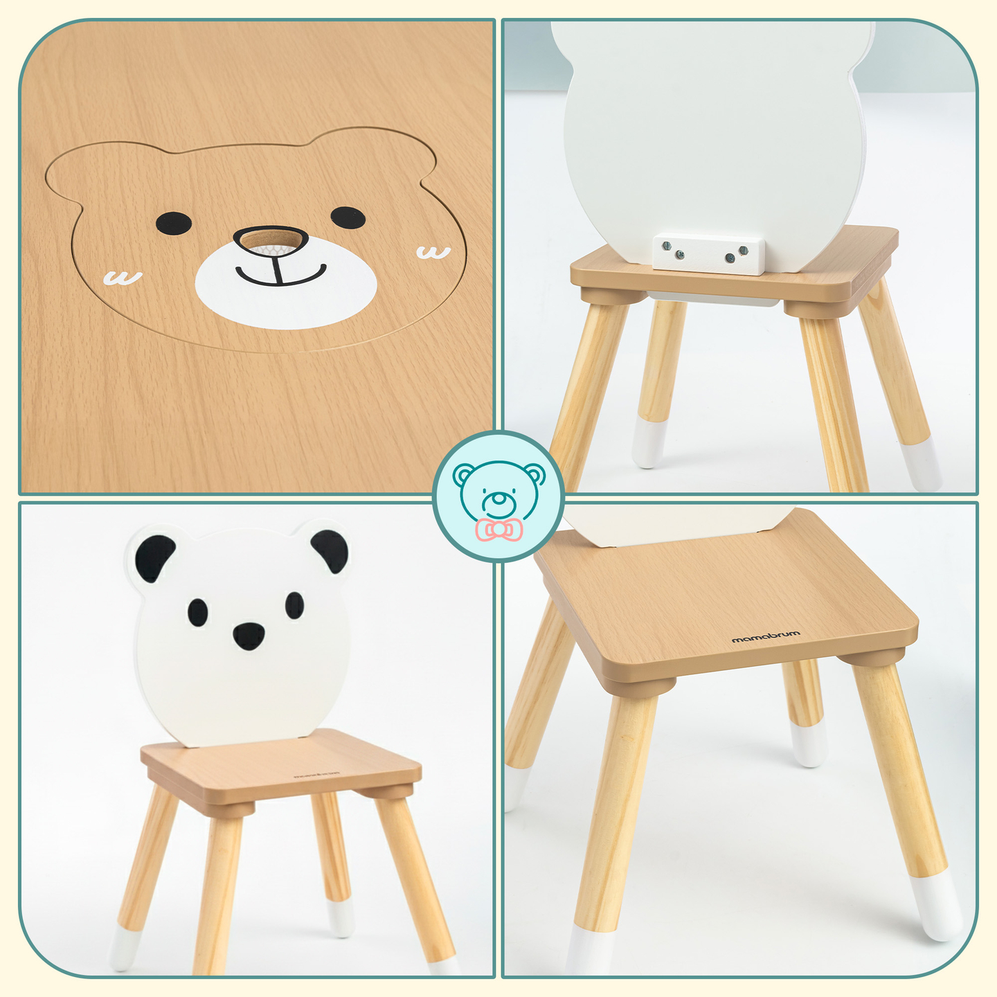 Table en bois avec rangement et 2 chaises Ensemble enfant - Ours en peluche mignon