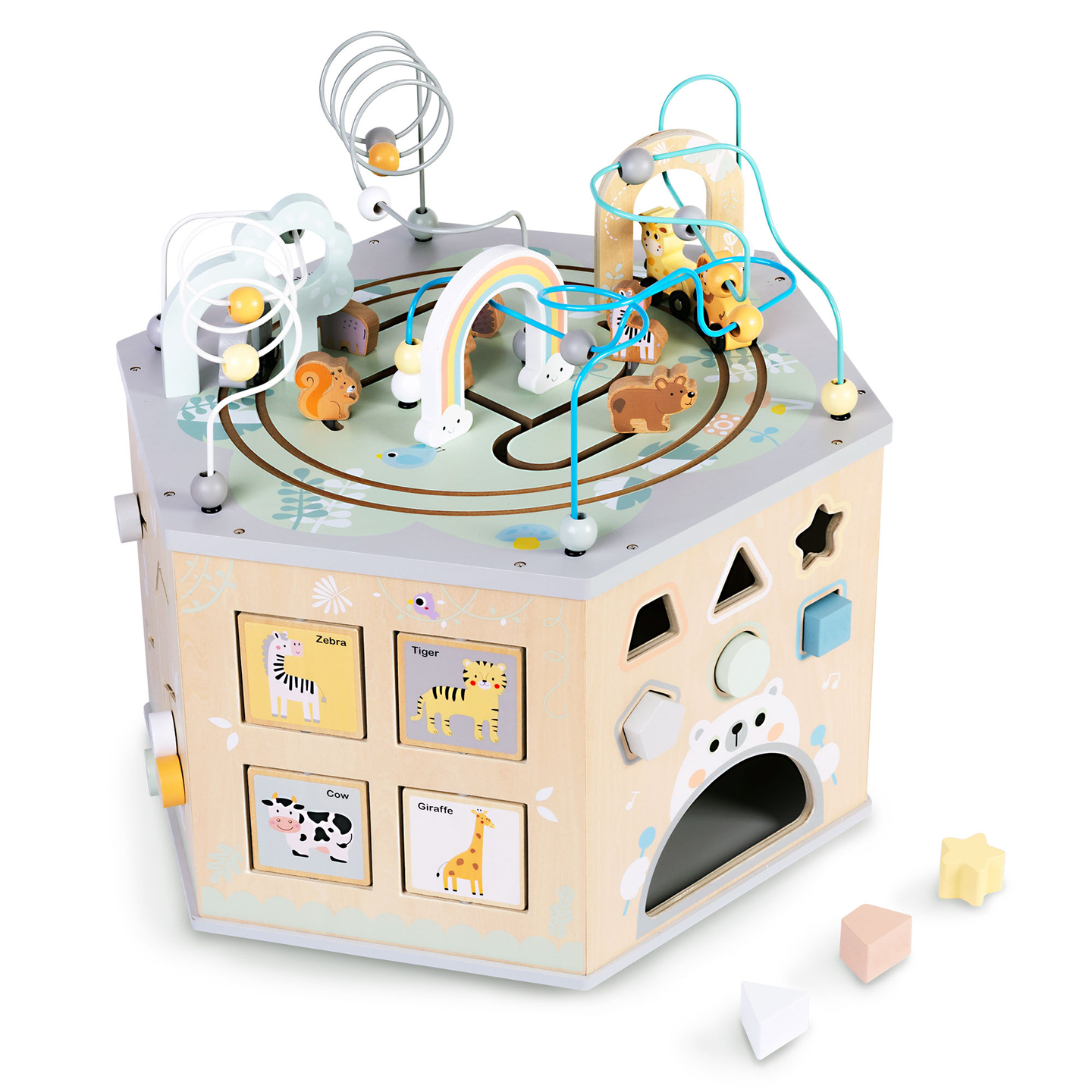 Grand cube éducatif en bois - un jouet Montessori avec un train magnétique et des boucles motrices