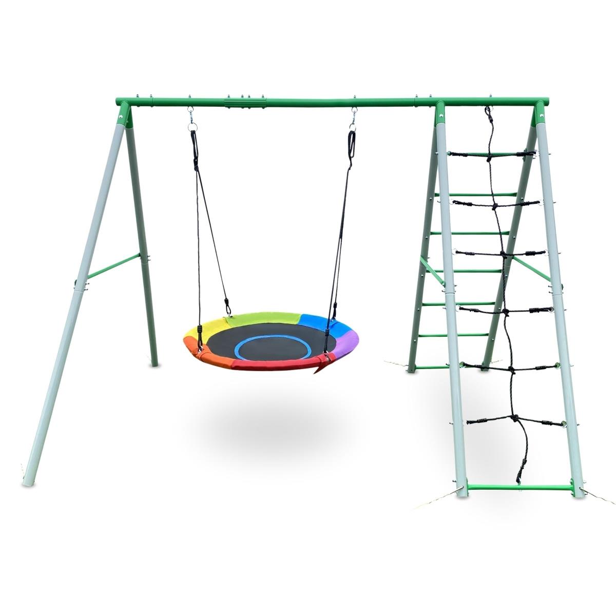 Aire de jeux de jardin XL pour enfants avec balançoire nid de cigogne, échelle et filet d'escalade