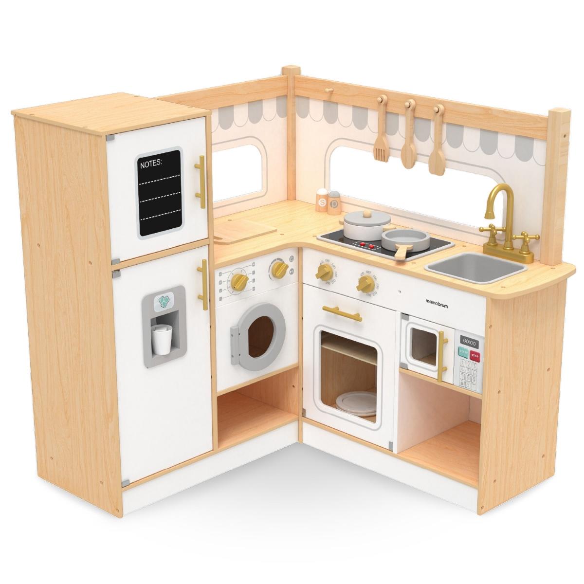 Cuisine d'angle interactive en bois XXXL avec réfrigérateur, micro-ondes, four, lave-linge et accessoires - naturel