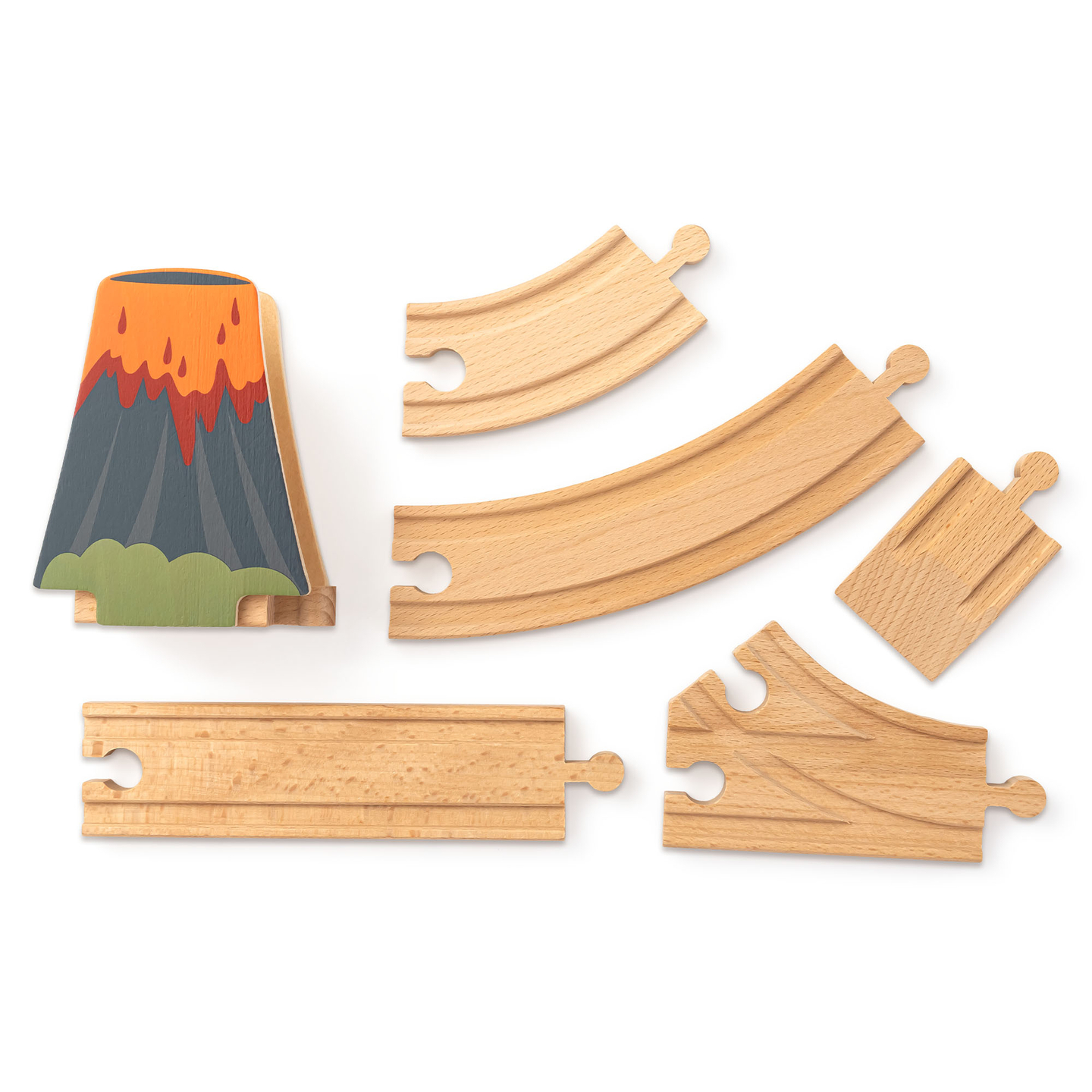 Train en bois Dino Park avec tapis antidérapant - dinosaures, train, rails, volcan, cloche