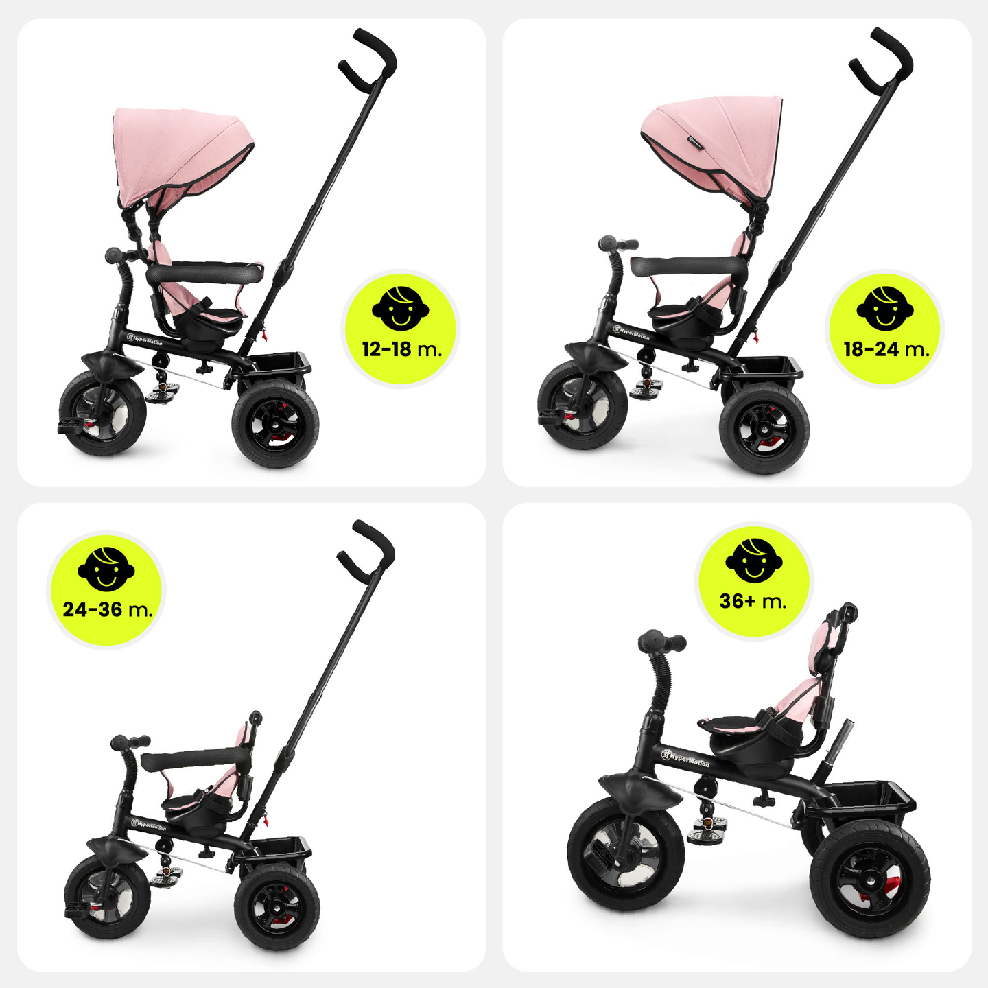 Tricycle pour enfants 1-4 ans - TOBI FREY - couleur rose - pivotant - roues pompées + pousseur