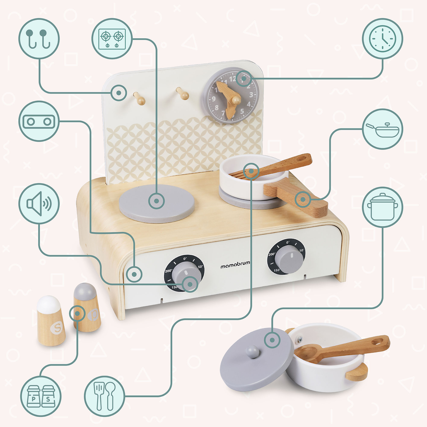 Cuisine pliante en bois Mamabrum pour enfants - Ensemble avec casseroles, accessoires de cuisine et rangement