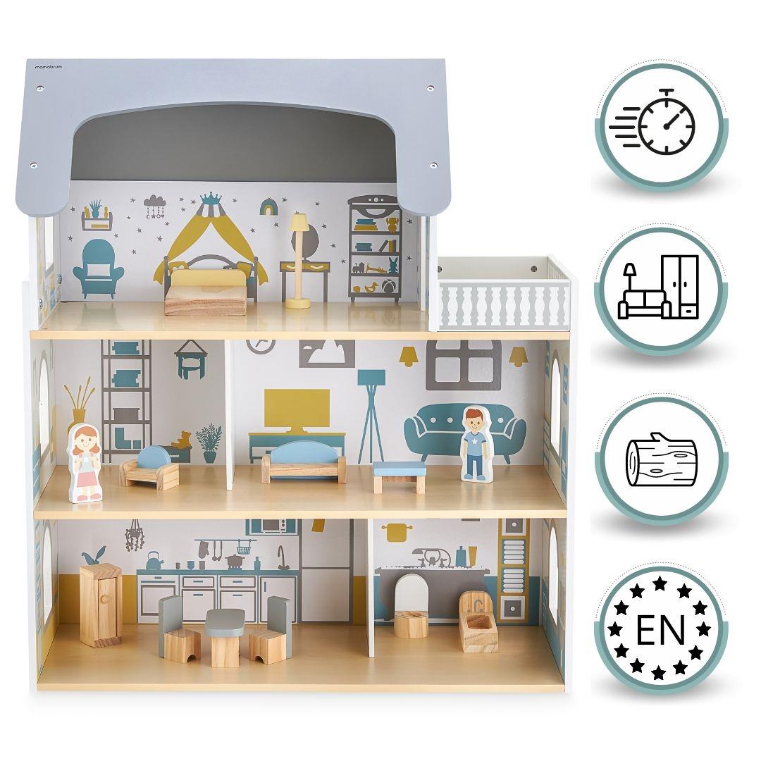 Maison de poupées en bois blanc avec terrasse et accessoires